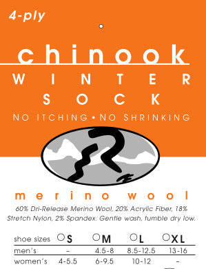 4-Ply Chinook Winter Sock, Merino Wool, Size chart: S, M, L, XL