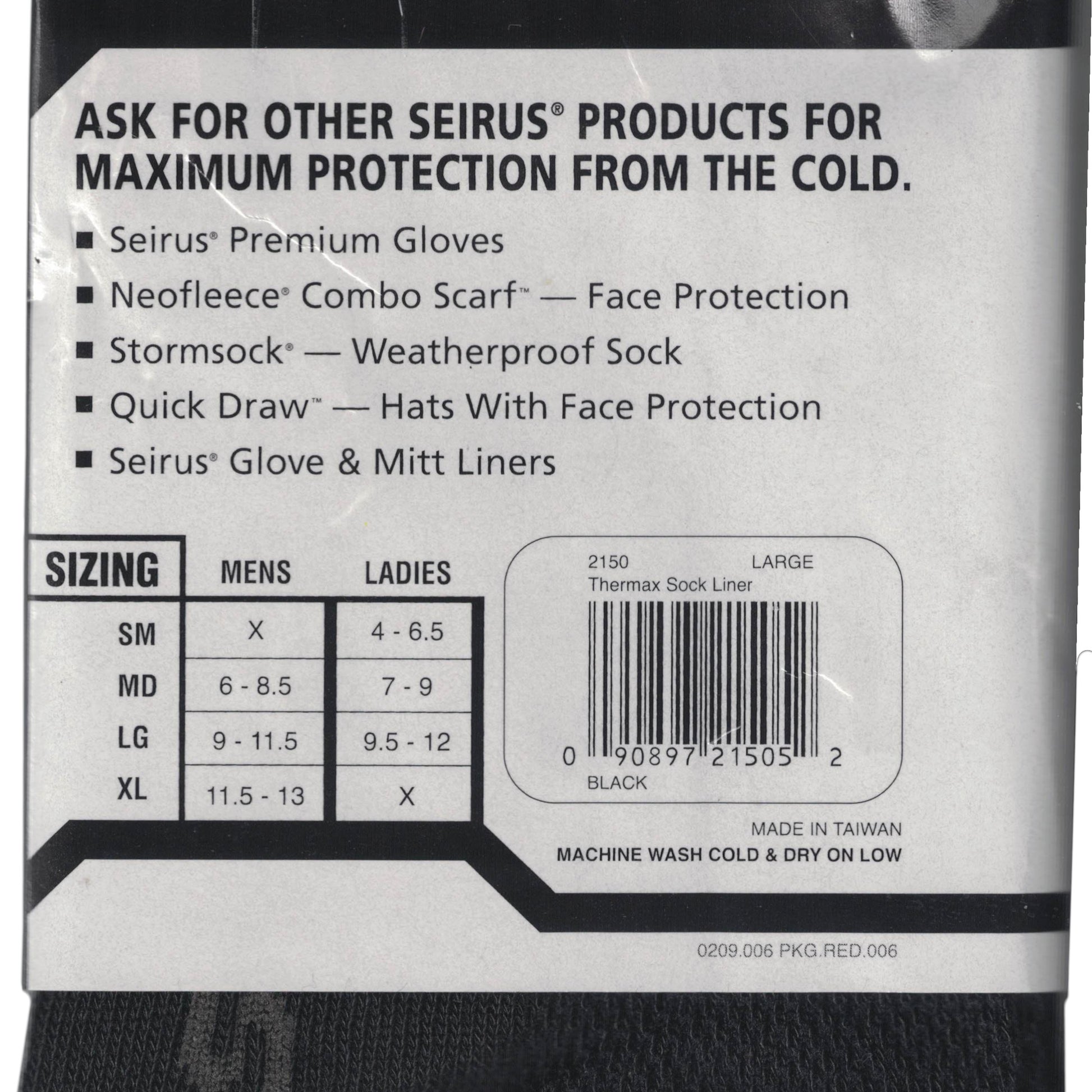 Seirus® Thermax® Sock Liner size chart