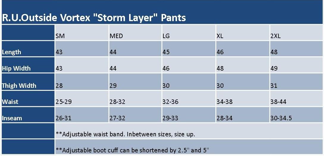 R.U. Outside Vortex Storm Layer Jacket and Pants Sizing Chart